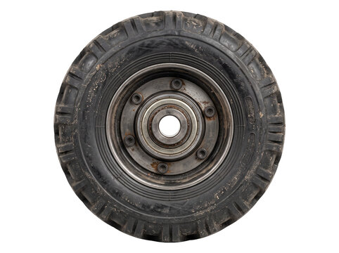 Heavy duty industrial wheel tire with steel rim isolated on black background, featuring rugged rubber tread, metal ball bearing hub, dirty worn texture for machinery, equipment, transport engineering