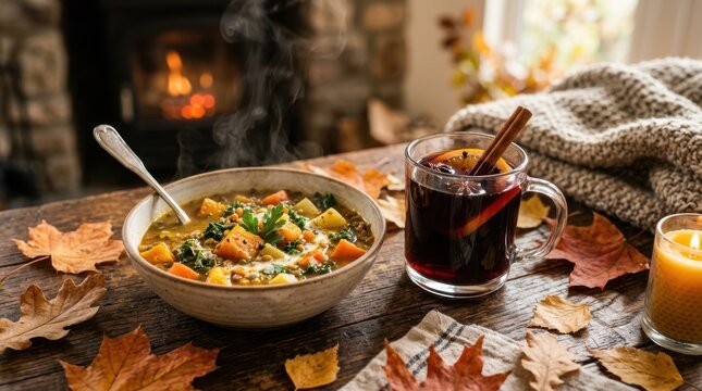 Steaming autumn vegetable soup served with spiced hot drink beside a fireplace, candle, fallen leaves, and cozy blanket. Seasonal comfort food still life.