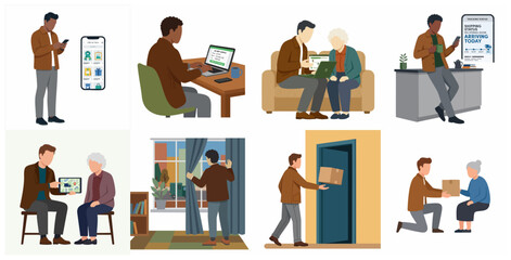 Fototapeta premium Illustration set of online shopping and delivery process showing a young man helping an elderly woman with e-commerce, tracking orders, and receiving a gift package at home.