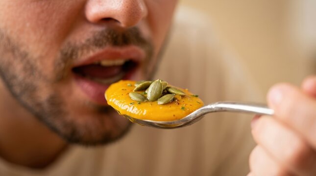 Man tasting creamy pumpkin soup with pumpkin seeds from a spoon. Autumn comfort food, seasonal cooking and healthy harvest meal concept.