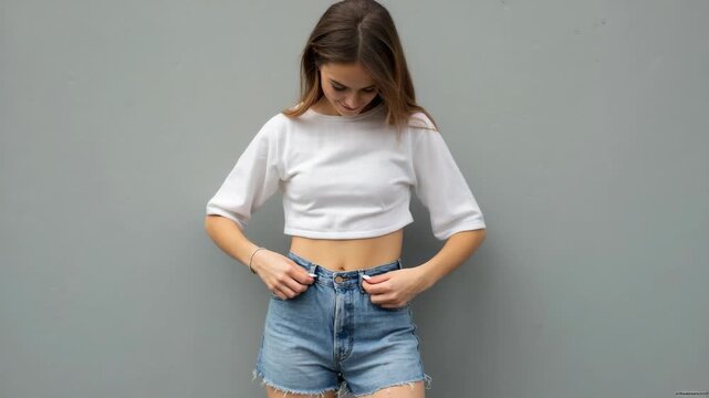 Portrait of young woman in white crop top and denim shorts standing against grey wall. Casual summer fashion, youth lifestyle. checks how much weight she has lost or gained