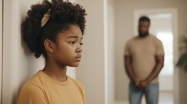 Ai girl is scared of a man. A man stands behind her, maintaining a distance 