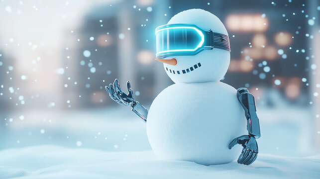 Ai robot snowman stands in a snowy landscape with a glowing visor. It has a friendly wave with its metal arm. The background shows blurred lights suggesting an urban area.
