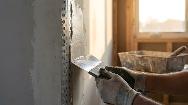 professional drywall installation and finishing|applying joint compound to metal corner bead|construction worker smoothing plaster on wall|home renovation and interior wall repair