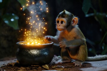 Magic monkey sitting near a glowing cauldron with light sparkles around © Oleksandr