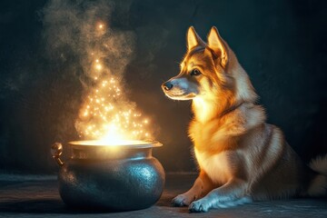 A magical dog sitting near a glowing magic cauldron with light sparkles © Oleksandr