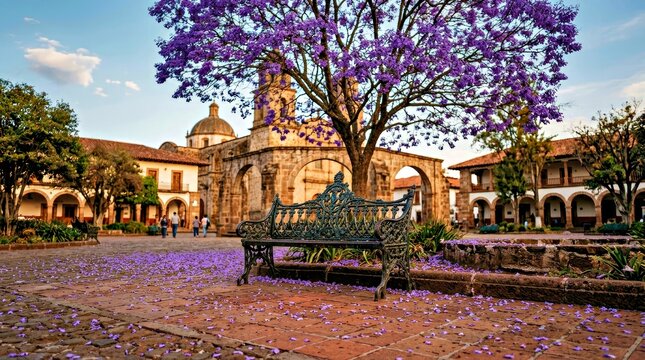 Purple Jacaranda Blooms Over Stone Bench in Historic Square