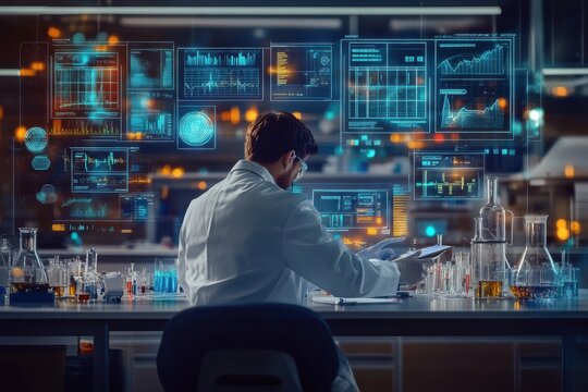 Floating data panels around a scientist working in a modern futuristic laboratory