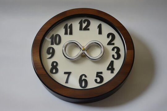 A clock with an infinity sign instead of numbers featuring roman numerals