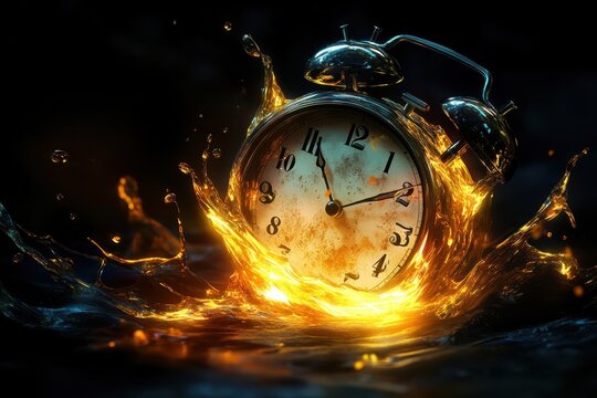 A clock melting into glowing liquid symbolizing times passage in dark background