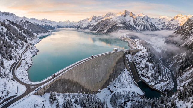 Majestic snow covered mountain landscape with a large dam and turquoise lake at sunrise