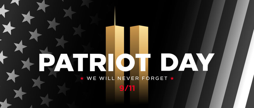9 11 Patriot Day banner, gold Twin Towers, black USA flag