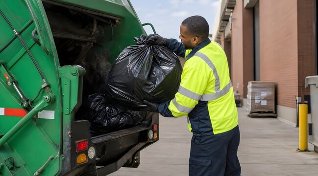 Sanitation worker loading black trash bag into a green garbage truck for waste collection.