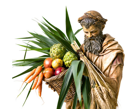 Saturn with harvest basket of vegetables wheat artichokes and carrots isolated on transparent background png element