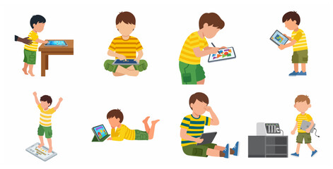 Flat vector illustration set of a young boy using various digital tablets and technology for education and entertainment