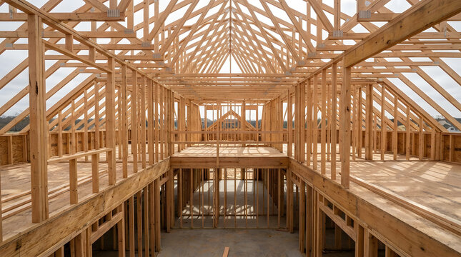 Residential house wood framing construction | New home building interior structure | Timber frame rafters and wall studs | Industrial residential development site
