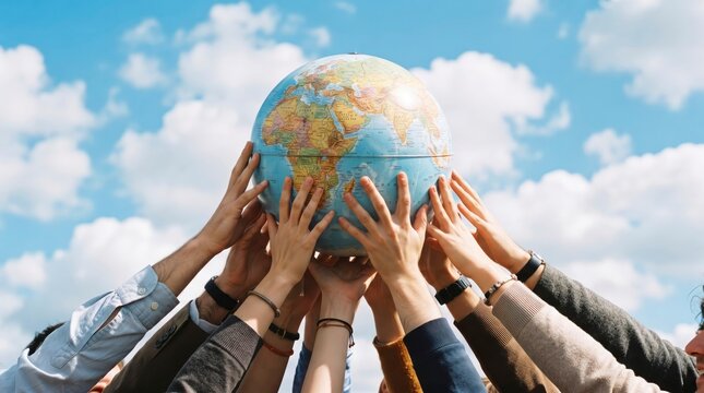 Diverse hands holding up globe representing global unity and international cooperation.