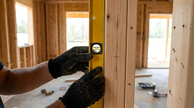 Carpenter checking vertical plumb with spirit level | Residential home construction framing process | Professional contractor measuring wooden wall studs | Precision building and carpentry hand tools
