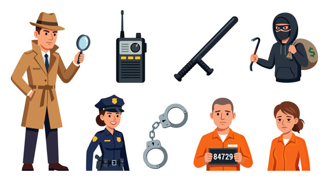 Illustration of Detectives, Police, and Criminals in a Crime Scene.