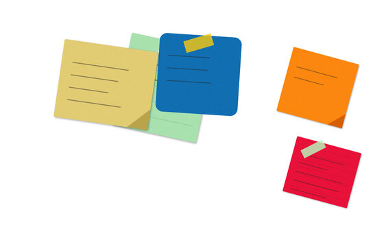 Colorful sticky notes paper for reminders and office tasks isolated on transparent background, illustration