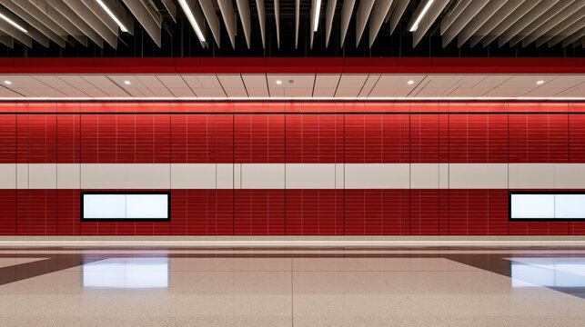 Modern Red and White Tiled Wall with Digital Displays in a Sleek Underground Station