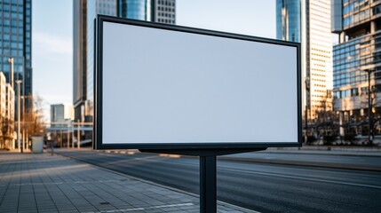 Fototapeta premium Blank Billboard in Modern Cityscape with Tall Buildings and Roadway at Sunrise