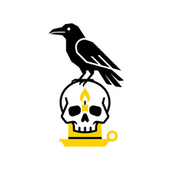 Obraz premium Raven standing on a human skull candle holder graphic isolated on white.