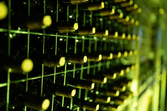Wine Bottles at a Winery, Bottled Wine Production and Storage in a Traditional Cellar