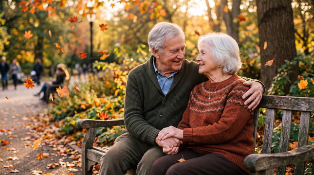 Senior couple enjoying autumn park, holding hands, smiling
