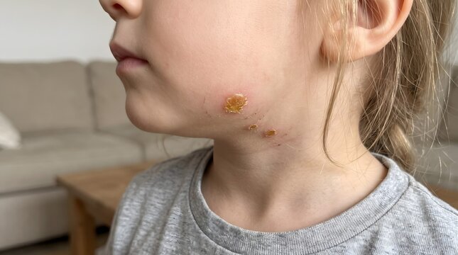 A close-up photograph of a child's jawline showing honey-colored crusts characteristic of non-bullous impetigo.