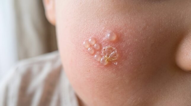 Macro close-up of early-stage impetigo showing fluid-filled vesicles on a child's cheek.