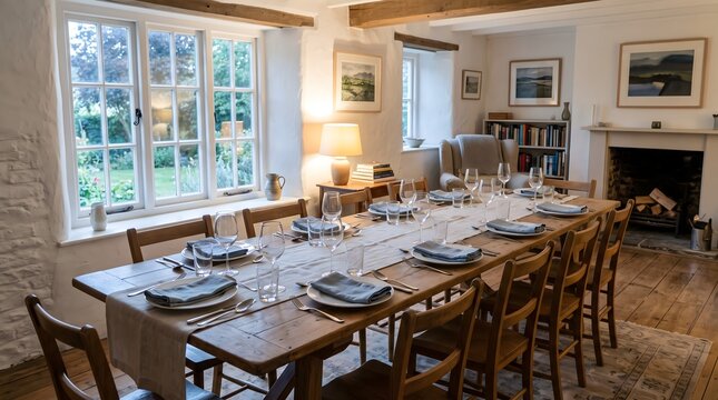 A long wooden trestle table is set for a communal supper club in a cozy farmhouse interior.