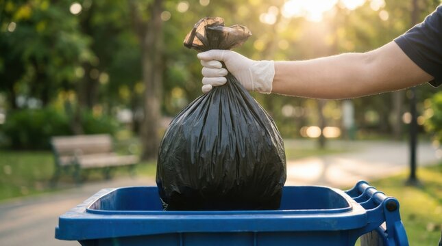 Volunteer hand in glove holding a black trash bag over a blue bin