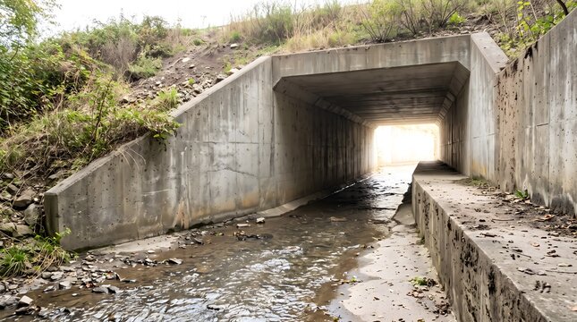 A concrete wildlife underpass culvert with a dry walkway for small animals and a stream flowing through.