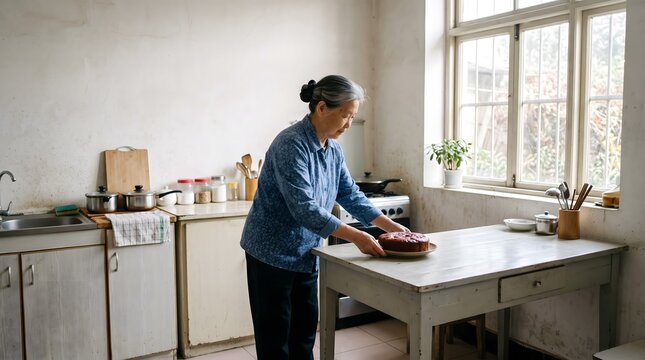 An elderly Chinese woman places a traditional steamed jujube cake on a wooden table in a sunlit modest kitchen.