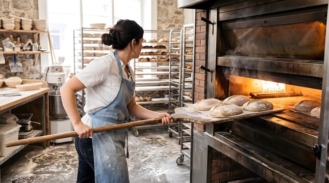 A professional baker slides artisan sourdough loaves into a hot deck oven using a wooden peel.