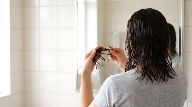 A woman examines the split ends of her wet hair while looking into a bathroom mirror.