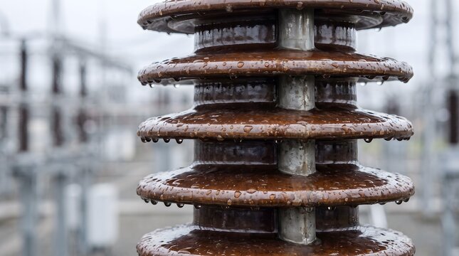 Close-up of wet brown porcelain insulator sheds at a high-voltage converter station after rain.