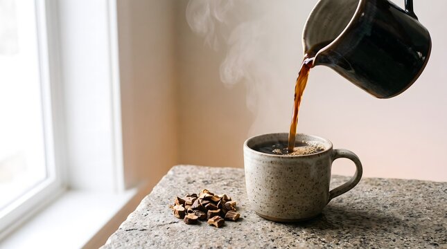 Steaming roasted chicory root drink being poured into a ceramic mug on a stone surface.