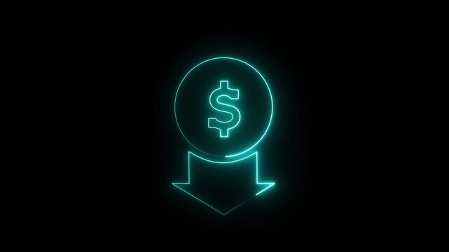 A glowing neon animation of a US dollar sign enclosed in a circular line, with a downward-pointing arrow at the bottom.