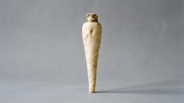 A single raw chicory root stands upright against a neutral grey studio background.
