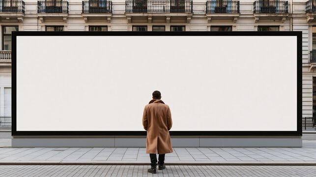 Man in Trench Coat Facing Blank Billboard in Urban City Setting for Advertising Mockup