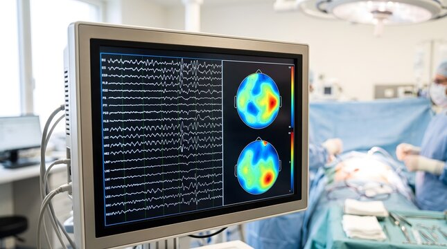 A medical monitor displays real-time EEG waves and colored brain activity maps during a neurosurgical procedure in an operating room.
