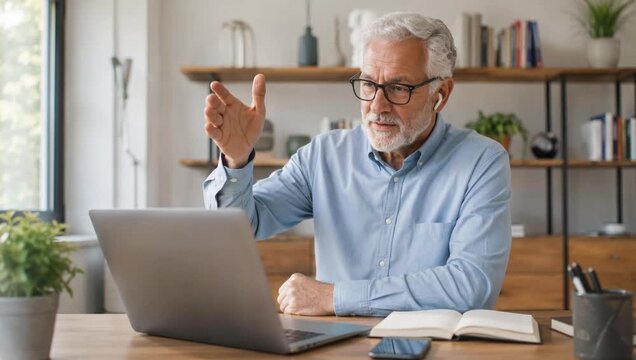 Senior man smiling and gesturing during a video call in a bright home office with laptop, earbuds, notebook, smartphone, bookshelf and plants