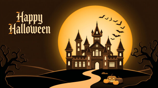 Spooky haunted castle silhouette under full moon halloween greeting card design with decorative carved pumpkins with holiday