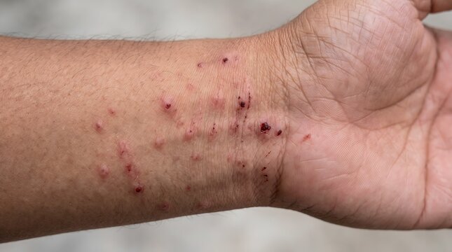 Close up clinical shot of a human wrist showing symptoms of scabies with red papules and excoriation.