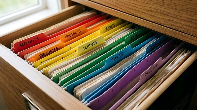 Organized colorful file folders in a wooden filing cabinet drawer