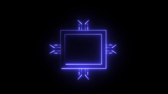 An abstract, futuristic graphic featuring a glowing blue neon-style square frame with technical, circuit-like details. A prominent, white circular play button is superimposed over the center.