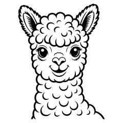 Naklejka premium Cute black and white line art portrait of a smiling alpaca with portrait illustration creature minimalist monochrome isolated creative abstract friendly whimsical character