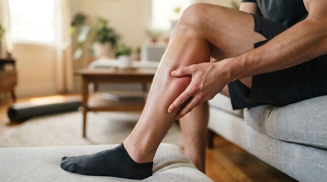 Man suffering from calf pain, leg injury, or muscle cramp at home